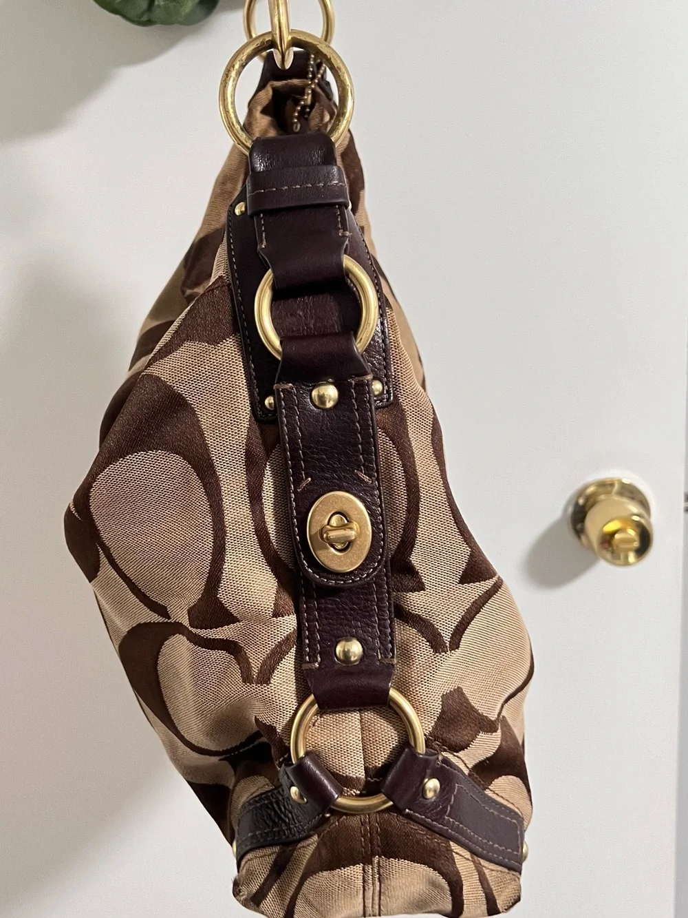 Coach Brown Signature Canvas Hobo Shoulder Bag with Dark Brown Trim